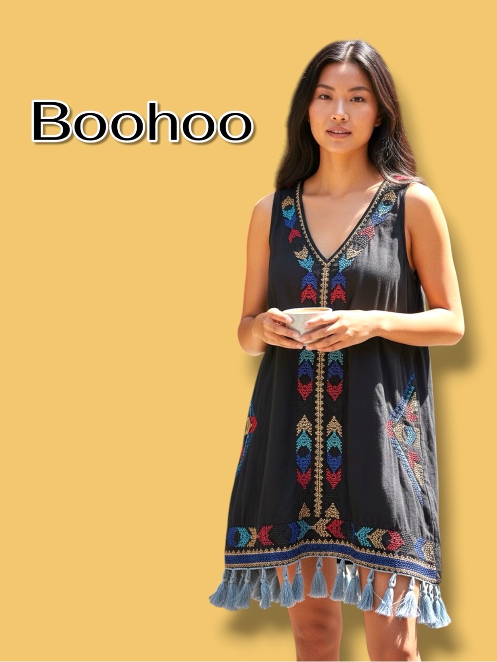 BooHoo Aztec Embroidery Design Fringe Mini Dress. Size US2